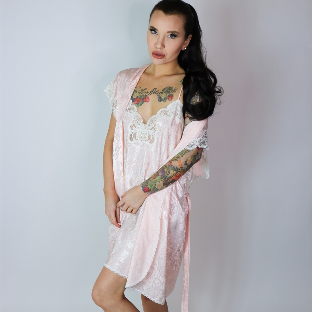 Vintage Silky Pink Floral Brocade Peignoir Set